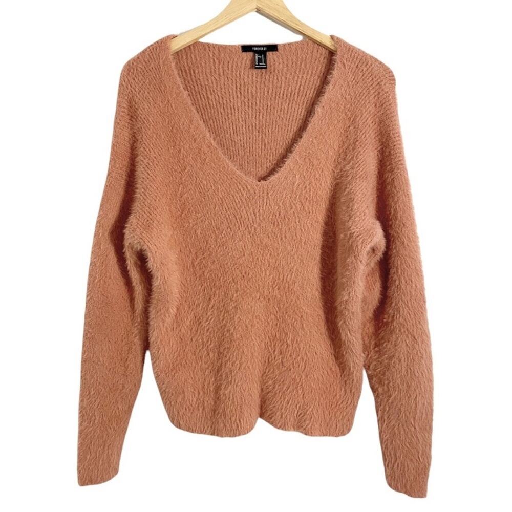 Forever 21 Peachy Orange Fuzzy Scoop Round Neck Sweater, Size Small